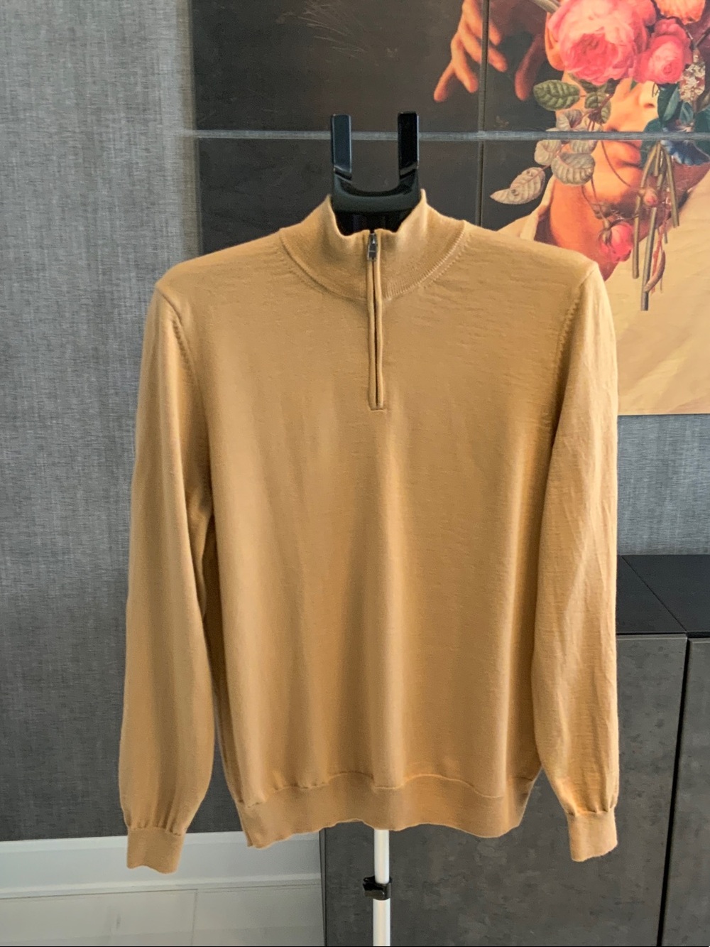 Boss Men's Camel wool Zip-Neck Sweater L